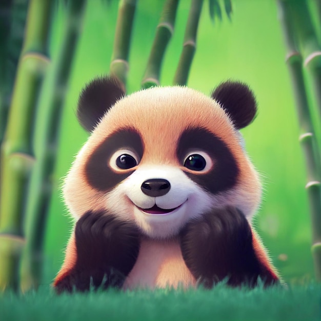 Urso panda bebê fofo com olhos grandes renderização 3D ilustração dos desenhos animados