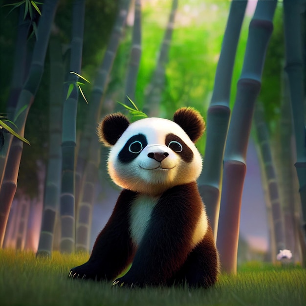 Urso panda bebê fofo com olhos grandes renderização 3d ilustração dos desenhos animados