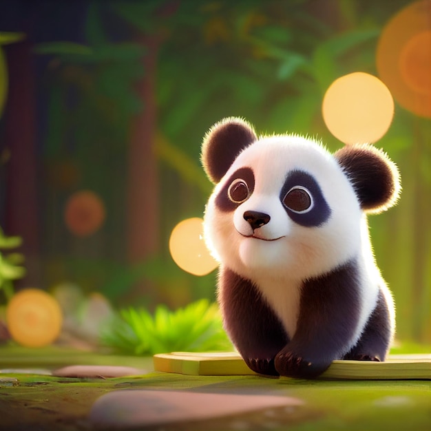 Urso panda bebê fofo com olhos grandes renderização 3D ilustração dos desenhos animados