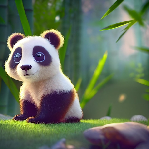 Urso panda bebê fofo com olhos grandes renderização 3D ilustração dos desenhos animados