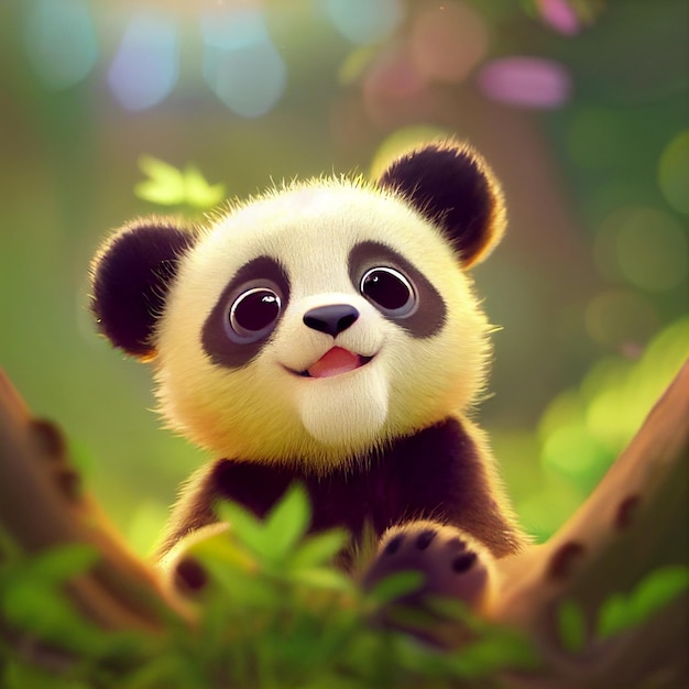 Urso panda bebê fofo com olhos grandes renderização 3D ilustração dos desenhos animados