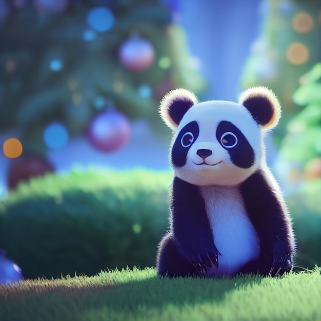 Urso panda bebê fofo com olhos grandes renderização 3d ilustração dos desenhos animados