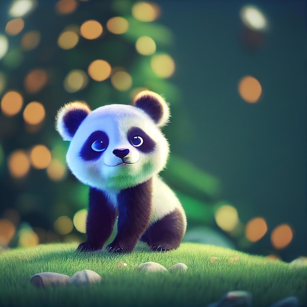 Urso panda bebê fofo com olhos grandes renderização 3D ilustração dos desenhos animados