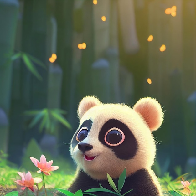 Urso panda bebê fofo com olhos grandes renderização 3D ilustração dos desenhos animados