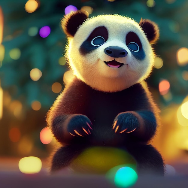 Urso panda bebê fofo com olhos grandes renderização 3d ilustração dos desenhos animados