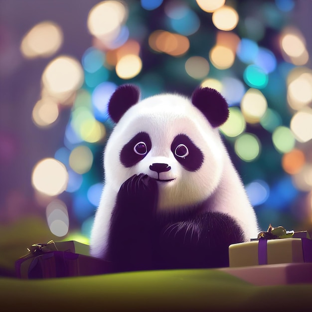 Urso panda bebê fofo com olhos grandes renderização 3D ilustração dos desenhos animados