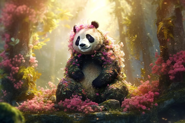 Urso panda coberto de flores na floresta de fantasia