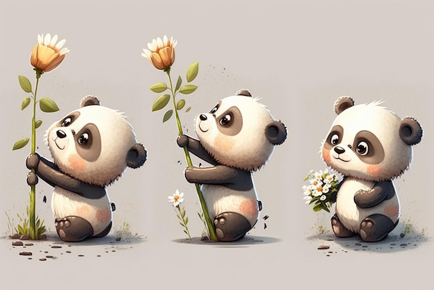 Urso panda com flor em três estágios diferentes de crescimento generativo ai