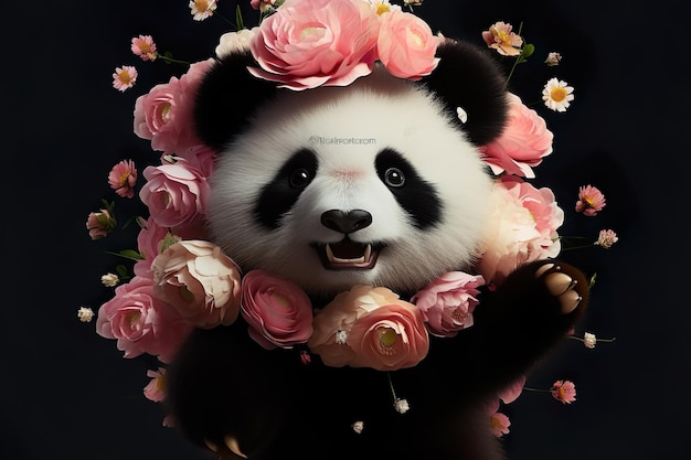 Urso panda com flores e chapéu fofo com fundo preto generativo ai