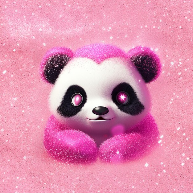 urso panda com olhos cor-de-rosa e nariz preto em fundo rosa