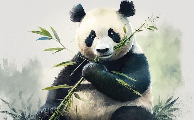 Urso panda com um galho de bambu na mão. Um panda come bambu em uma floresta. desenhos animados ai gerados