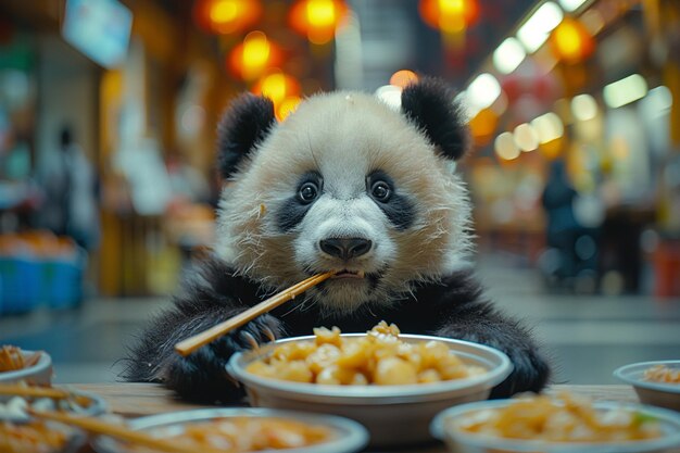 Foto urso panda comendo comida em um restaurante com tigelas de comida generativa ai