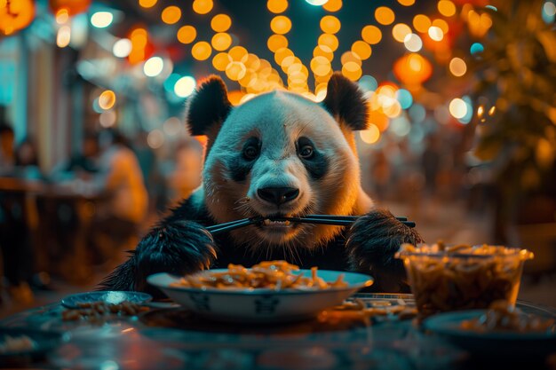 urso panda comendo comida em uma mesa com uma tigela de macarrão generativo ai