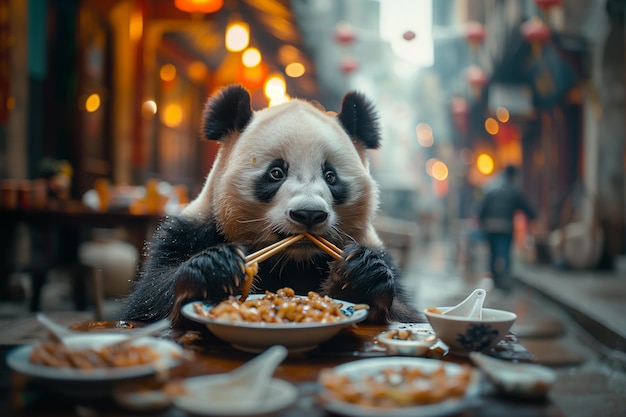 urso panda comendo comida em uma mesa em um restaurante generativo ai