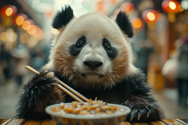 Foto urso panda comendo uma tigela de cereais com pauzinhos generativos ai