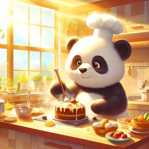 Foto urso panda decorando bolo na cozinha