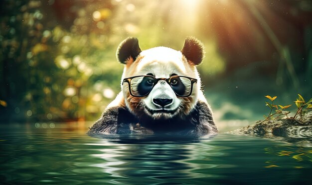 Urso panda engraçado com óculos de sol na natureza A primavera está chegando Generative AI