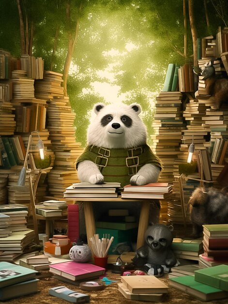 Urso Panda fofo cercado por livros de vários tamanhos e cores em um fundo de campo gerado por Ai