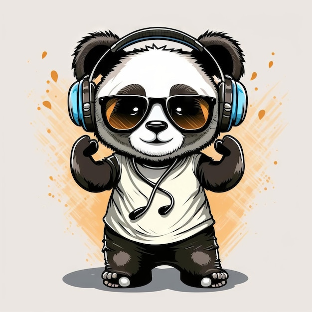 Foto urso panda fofo em fones de ouvido personagem de desenho animado ilustração generativa de ia