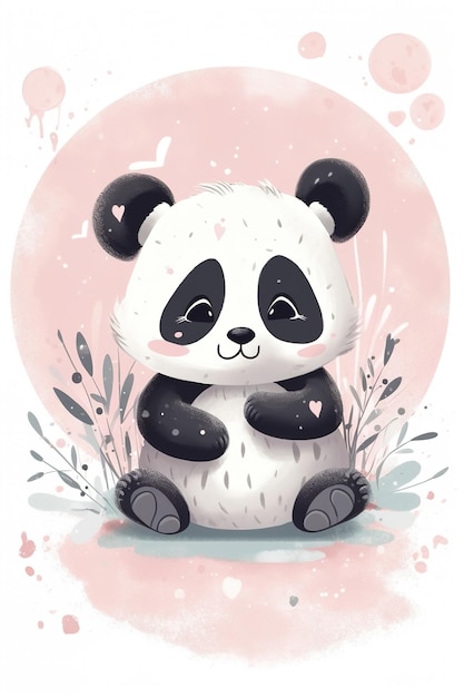 Urso panda fofo sentado entre flores e plantas ilustração infantil estilo escandinavo