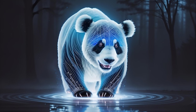 Urso panda holográfico de fantasia gerado por IA na floresta