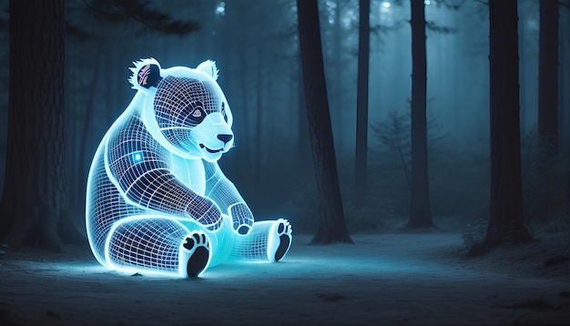 Urso panda holográfico de fantasia gerado por IA na floresta