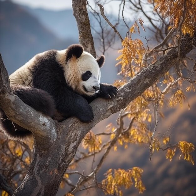 Foto urso panda preguiçoso dormindo em um galho de árvore ia generativa