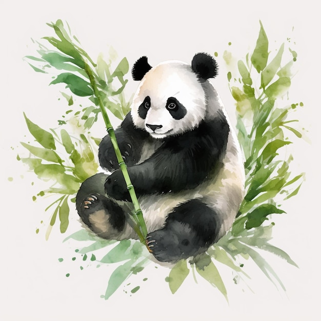 Foto urso panda sentado em um galho de bambu com folhas verdes generativa ai