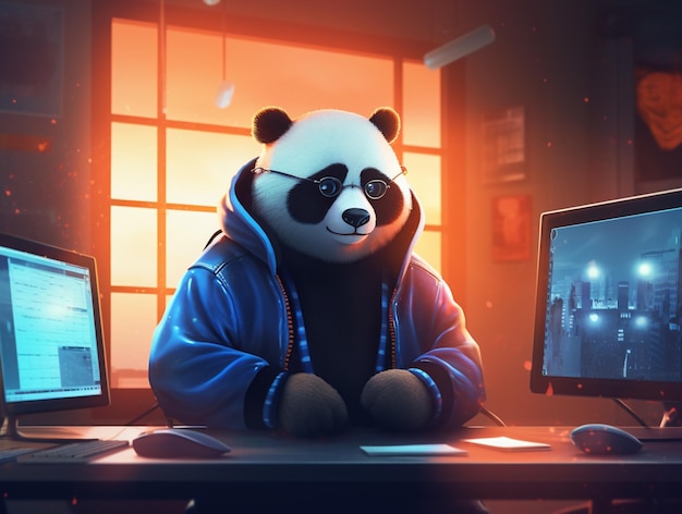 urso panda sentado em uma mesa com dois monitores de computador e um teclado IA generativo