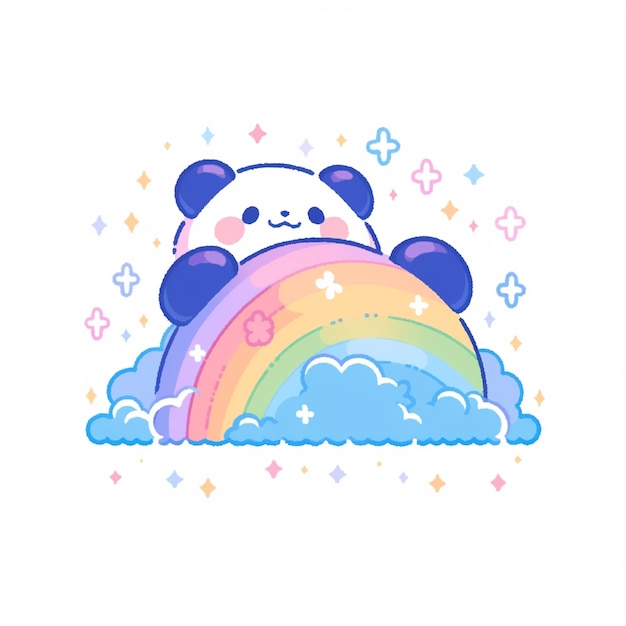 urso panda sentado em uma nuvem arco-íris com estrelas e nuvens generativo ai