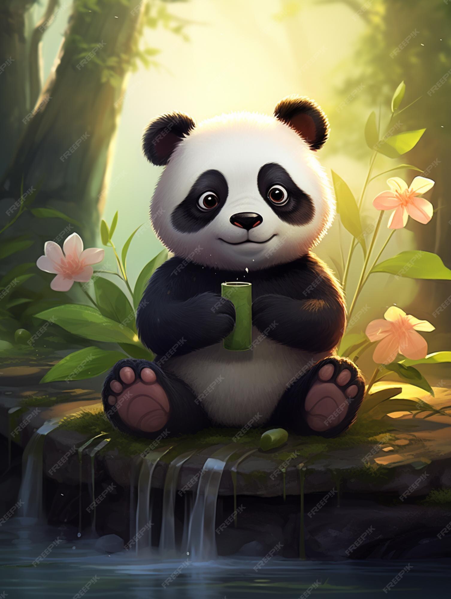 Baixe Urso Panda de Desenho Animado Sentado na Grama com Flores PNG -  Creative Fabrica