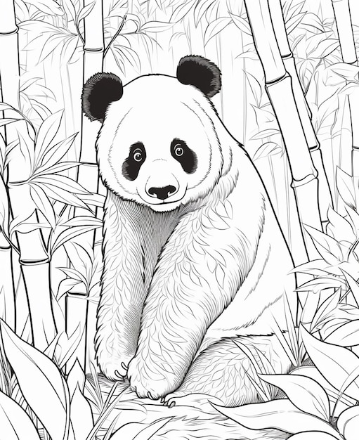 Urso panda sentado em uma pedra em uma floresta de bambu generativa ai