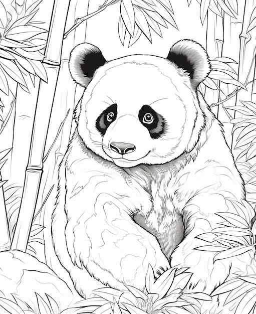Urso panda sentado na floresta de bambu para colorir página generativa ai