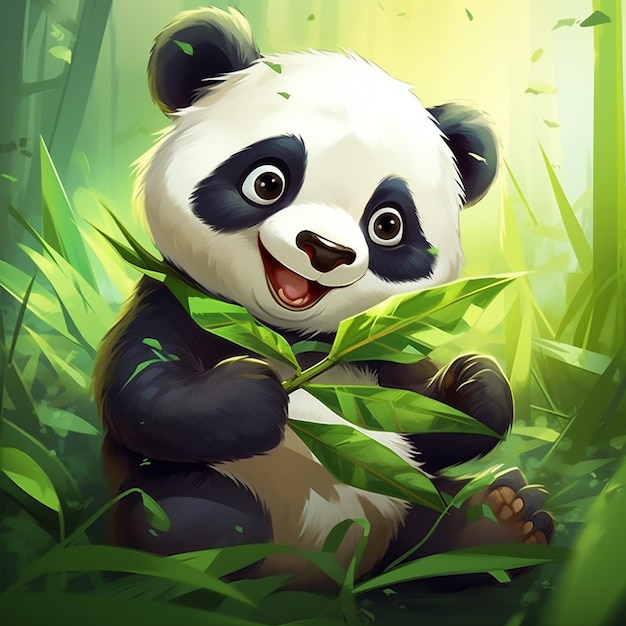 urso panda sentado na grama com uma planta de bambu em sua boca