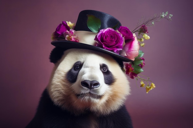 Urso panda usando cartola com flores na cabeça IA generativa