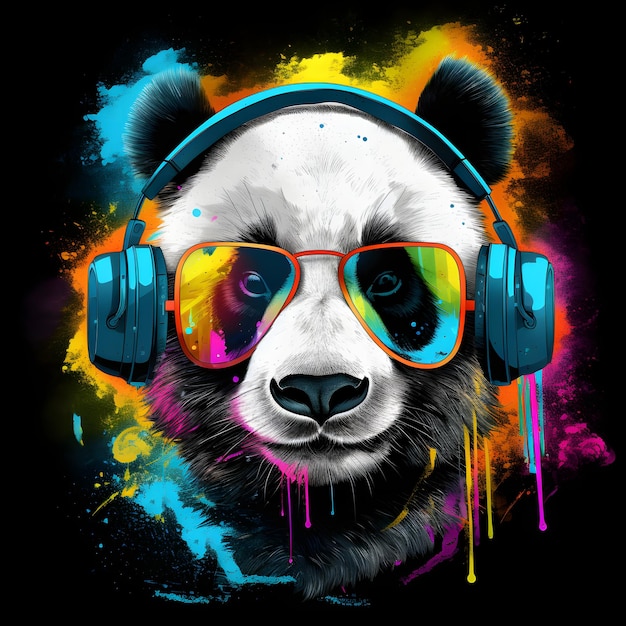 Urso panda usando fones de ouvido e fones de ouvido com respingos de tinta Generative AI