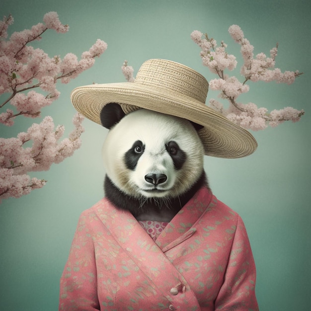 Foto urso panda vestindo uma roupa rosa e um chapéu de palha generativo ai