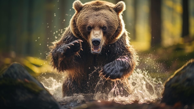 urso pardo ataca ficando sobre as patas traseiras