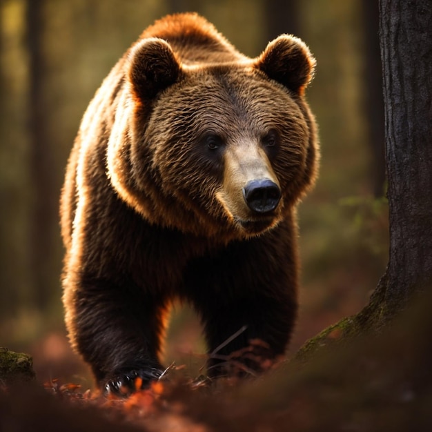 Urso pardo caminhando na floresta e refletindo o efeito de iluminação claro-escuro