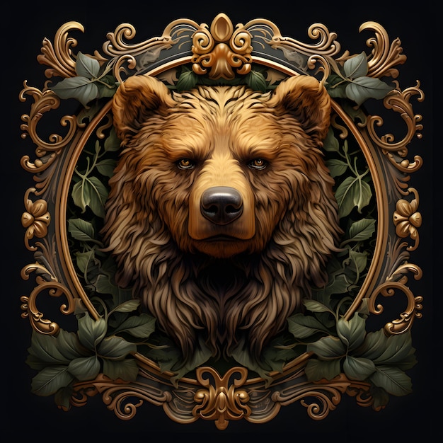 Urso Pardo em uma moldura ornamentada com folhas no estilo de ilustrações de animais hiper-realistas