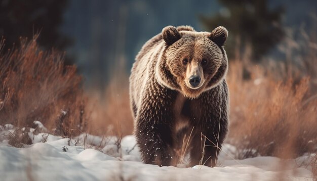 Urso pardo majestoso andando no deserto nevado gerado por IA