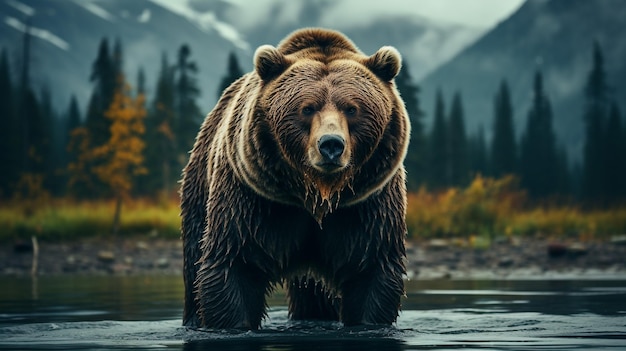 Urso pardo majestoso perambulando pela Floresta Encantada