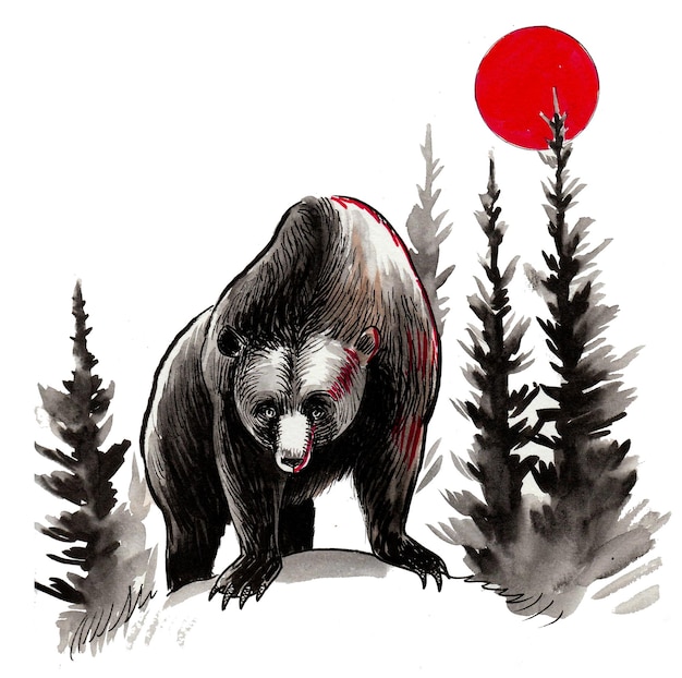 Urso pardo na floresta. Desenho a tinta e aguarela