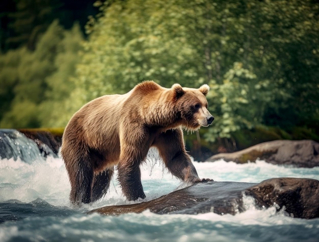 Urso pardo no salmão de caça selvagem