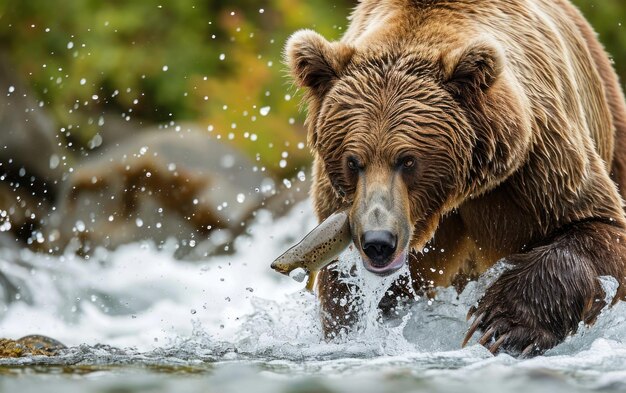 urso-pardo pegando um salmão em suas poderosas mandíbulas