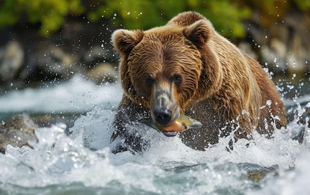 urso pardo pegando um salmão em suas poderosas mandíbulas