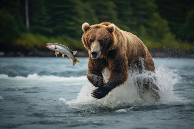 Urso pardo perseguindo um salmão no rio Kamchatka Urso pardo pega um salmão no rio Gerado por IA