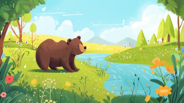 urso perto da ilustração do rio