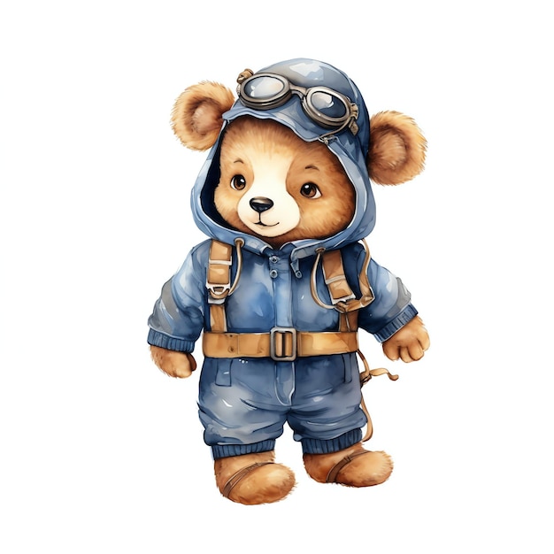 Urso piloto de aquarela bonito com ilustração de uniforme azul ursinhos de pelúcia clipart