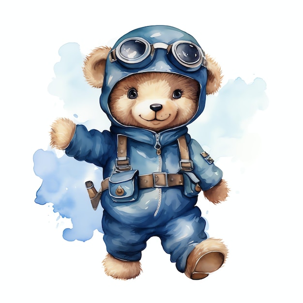Urso piloto de aquarela bonito com ilustração de uniforme azul ursinhos de pelúcia clipart